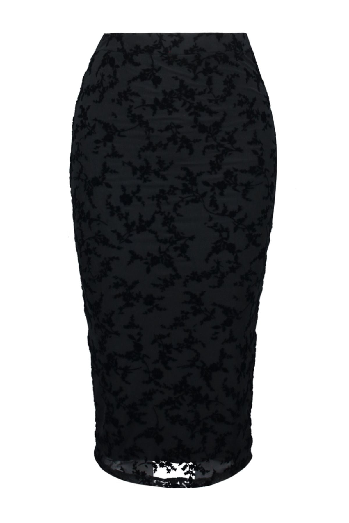 Black Flock Printed Tulle Lined Pencil Midi High Waist Flexible Knitted Skirt Twoaw24et00163