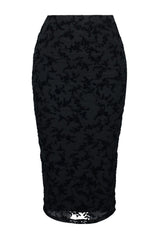 Black Flock Printed Tulle Lined Pencil Midi High Waist Flexible Knitted Skirt Twoaw24et00163