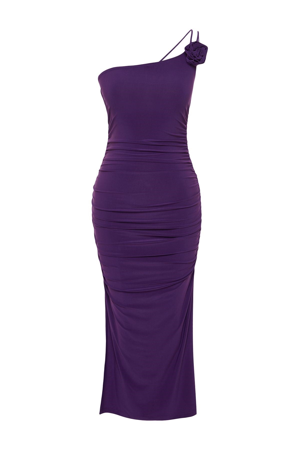 Purple Accessory Rose Detailed Ruffle Bodycone/body Fit Flexible Knitted Midi Pencil Dress Twoss24el