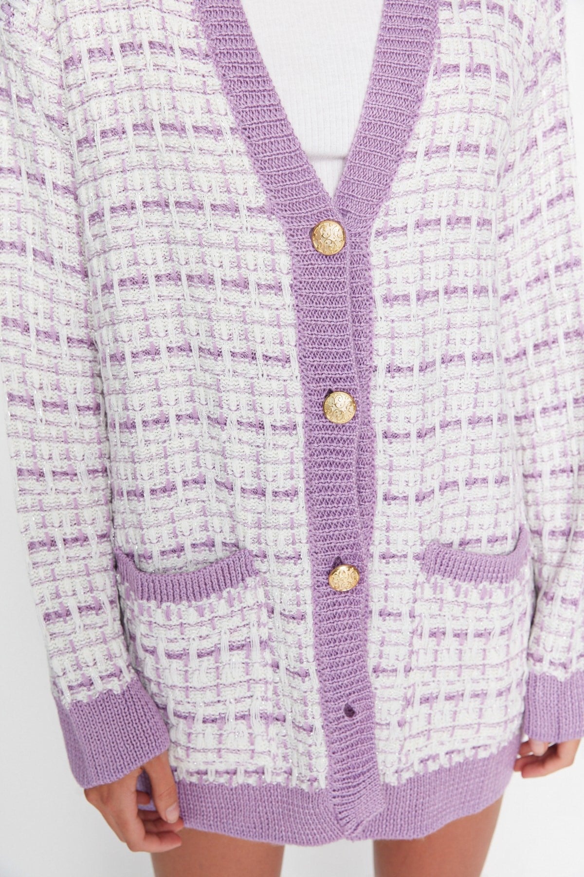 Lilac Wide Pattern Tweed Look Silvery Knit Cardigan Twoaw21hi0250