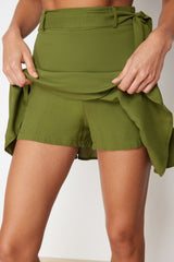 Khaki Belt Detachable Viscose Woven Shorts Skirt Twoss24sr00013