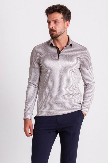 Striped Piece Ecru Color Slim Fit Long Sleeve Polo Collar Men's T-shirt 36667.21k