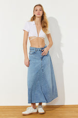 Blue Flounce Stitching Detailed High Waist Maxi Denim Skirt Twoss24et00012