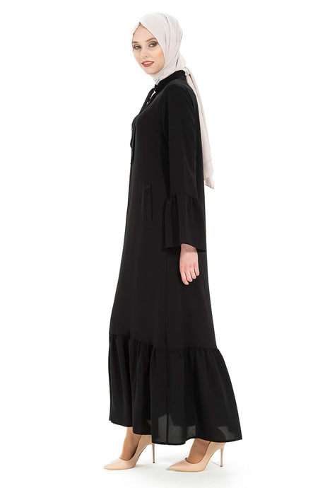 Black Abaya 3457 T22fr3m3457 With Lace-up Stone Embroidered Collar