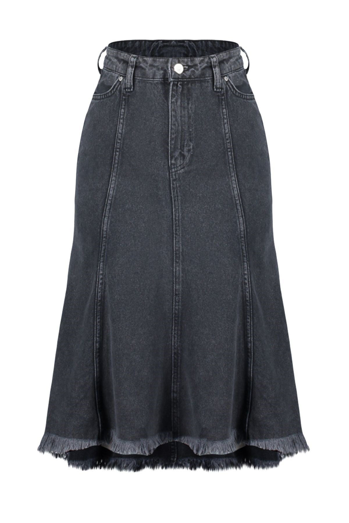 Anthracite Stitching Detailed Asymmetrical High Waist Midi Denim Skirt Twoss24et00081