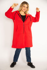 Women's Plus Size Red Inside Charcoal Fleece Fabric Front Zipper Kangaroo Pocket Hooded Coat 65n3465