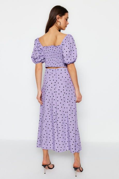 Lilac Polka Dot Slit Midi Viscose Woven Bottom Top Suit Twoss20au0097