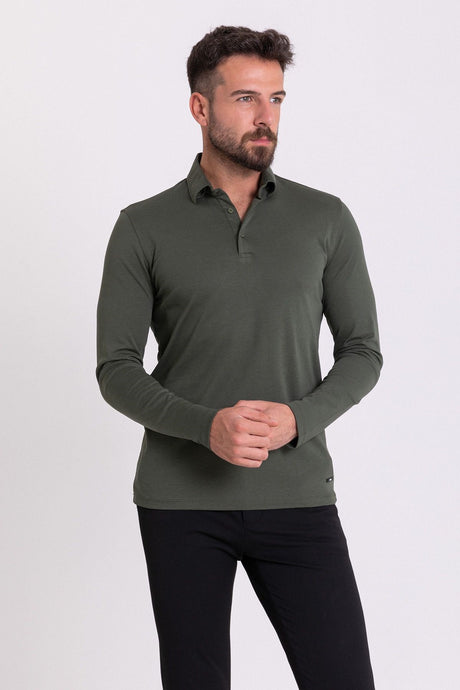 Solid Navy Color Slim Fit Long Sleeve Polo Collar Men's T-shirt 36672.21k