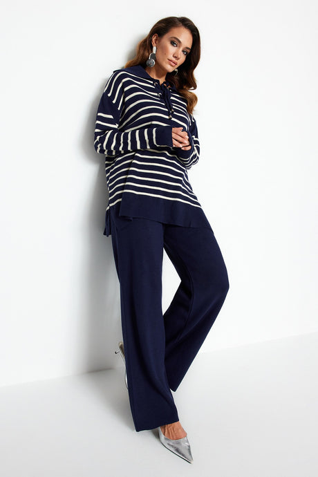 Navy Striped Collar Drawstring Detailed Sweatshirt-pants Knitwear Bottom-top Suit Tctaw24us00080