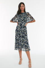 Navy Blue Floral Print A Cut Lined Midi Woven Dress Twoss20el0908