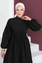 A-line Buttoned Balloon Sleeve Dress Black 2125