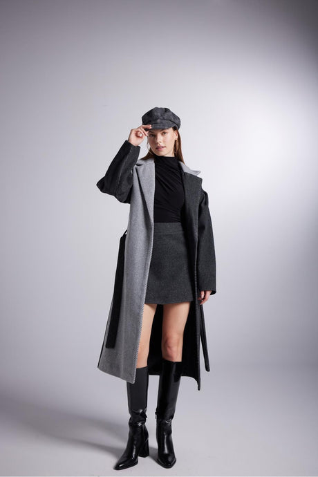 Belted Single Button Double Color Long Cashmere Mira Coat Black Hlfw24-00041