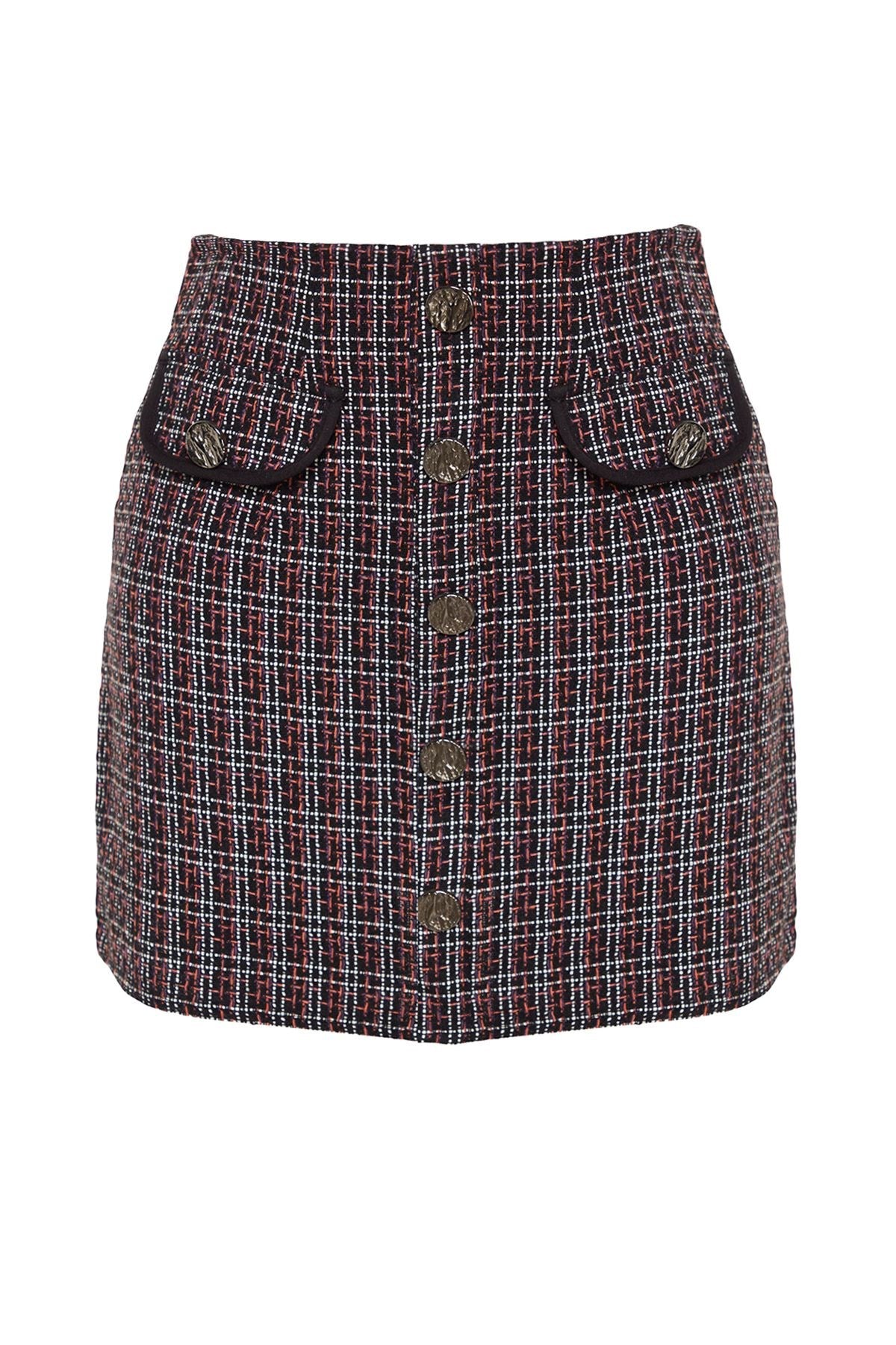 Brown Tweed Fabric Pocket And Button Detail Plaid Pattern Mini Woven Skirt Twoaw24et00220