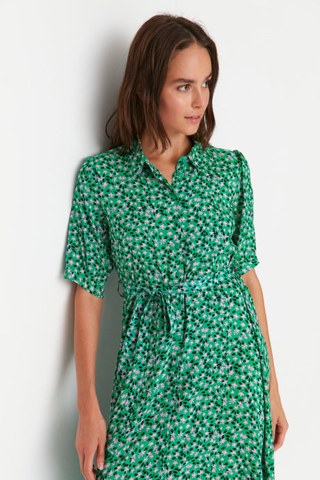 Green Floral Pattern Belted Midi Woven Viscose Shirt Dress Twoss20el1559