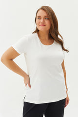 Women's Cream Plus Size 100% Cotton Crew Neck Back Long Basic Short Sleeve Sports Casual T-shirt 010