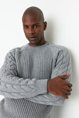 Grey Mens Men Regular Fit Crew Neck Hair Weave Detailed Knitwear Sweater Tmnaw22kz2059