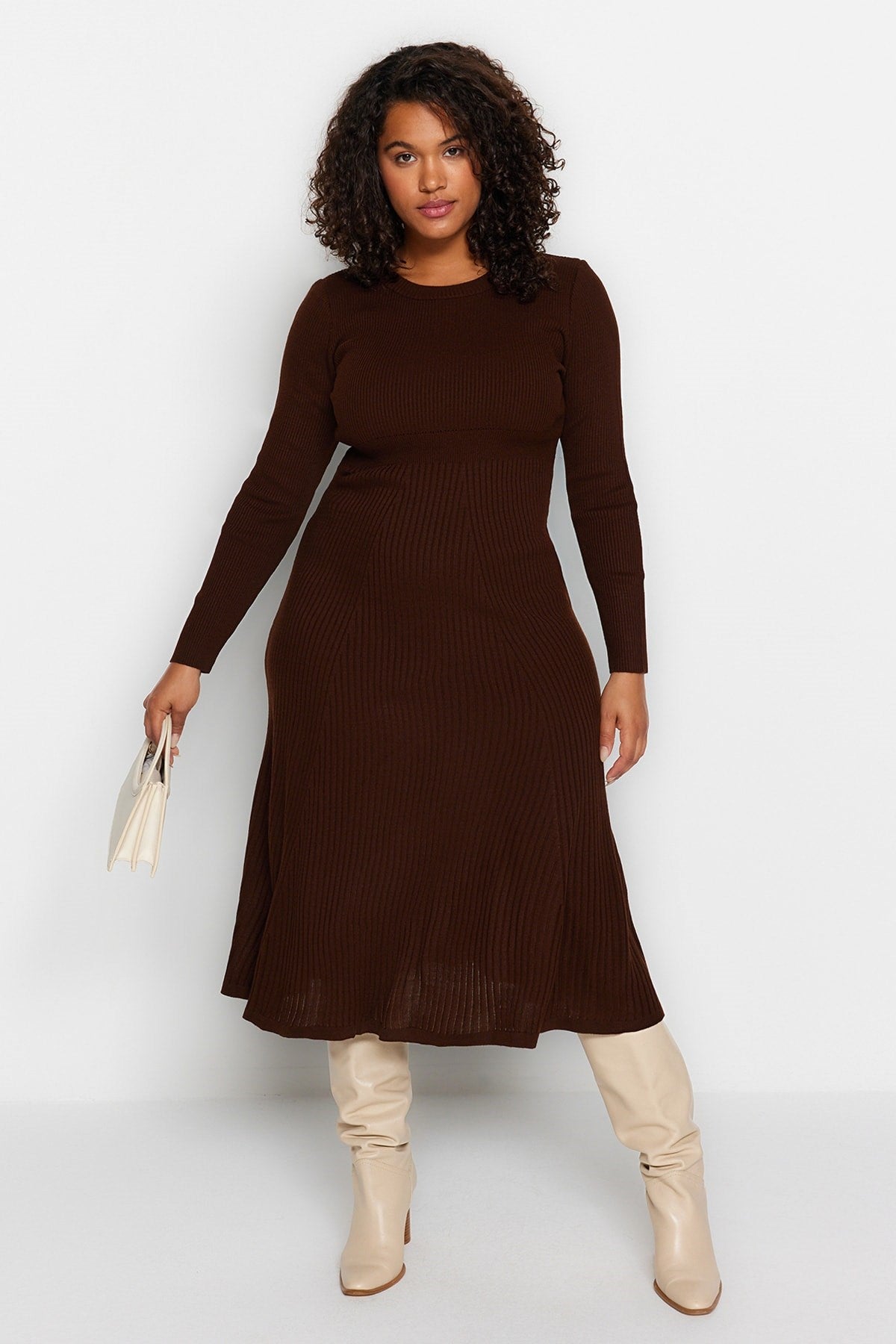 Brown Crew Neck Knitwear Dress Tbbaw24ah00021