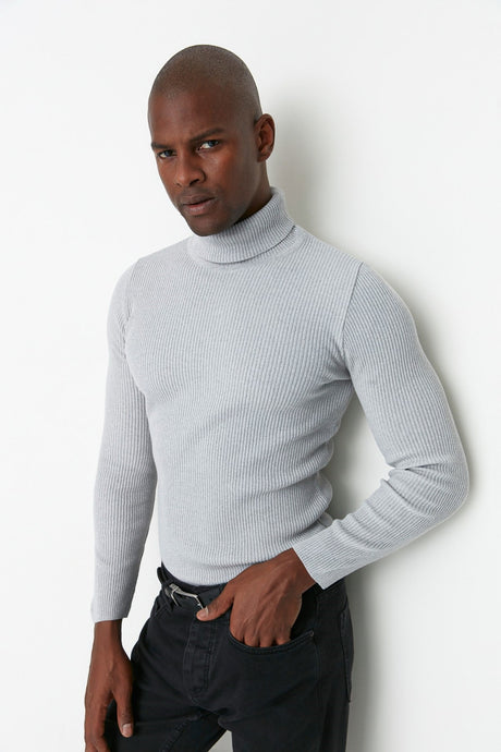 Grey Men's Slim Fit Turtleneck Ribbed Knit Basic Sweater Tmnaw20mg0031