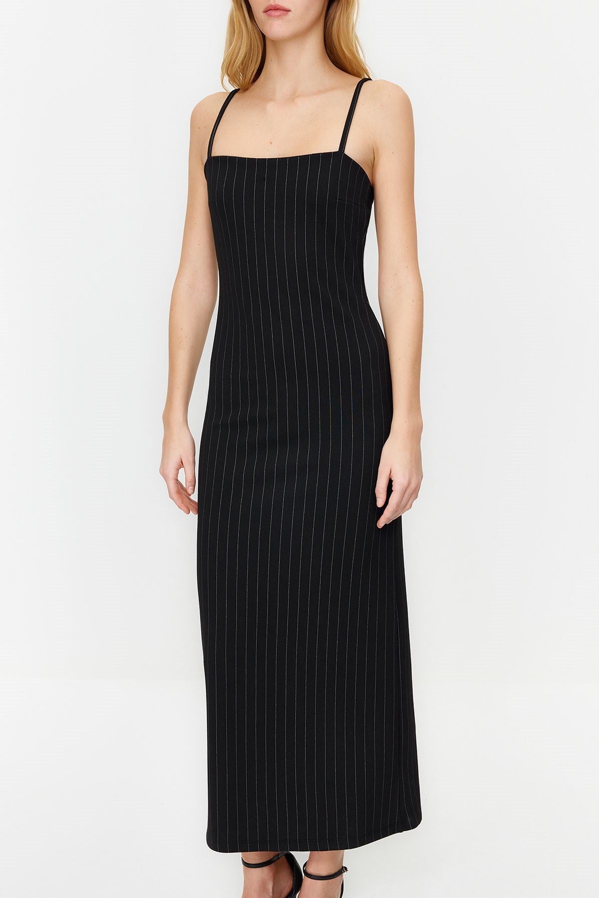 Black Striped Strappy Bodycone/body Wrapping Knitted Maxi Pencil Dress Twoss24el00290