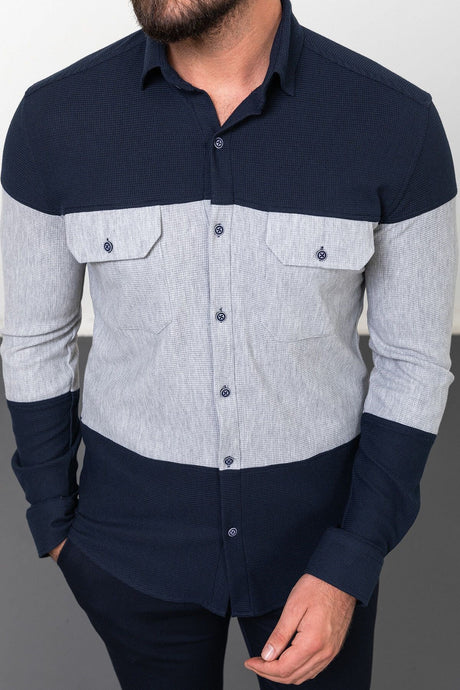 Sequined Navy Slim Fit Long Sleeve Cotton Men's Shirt 37810.23k