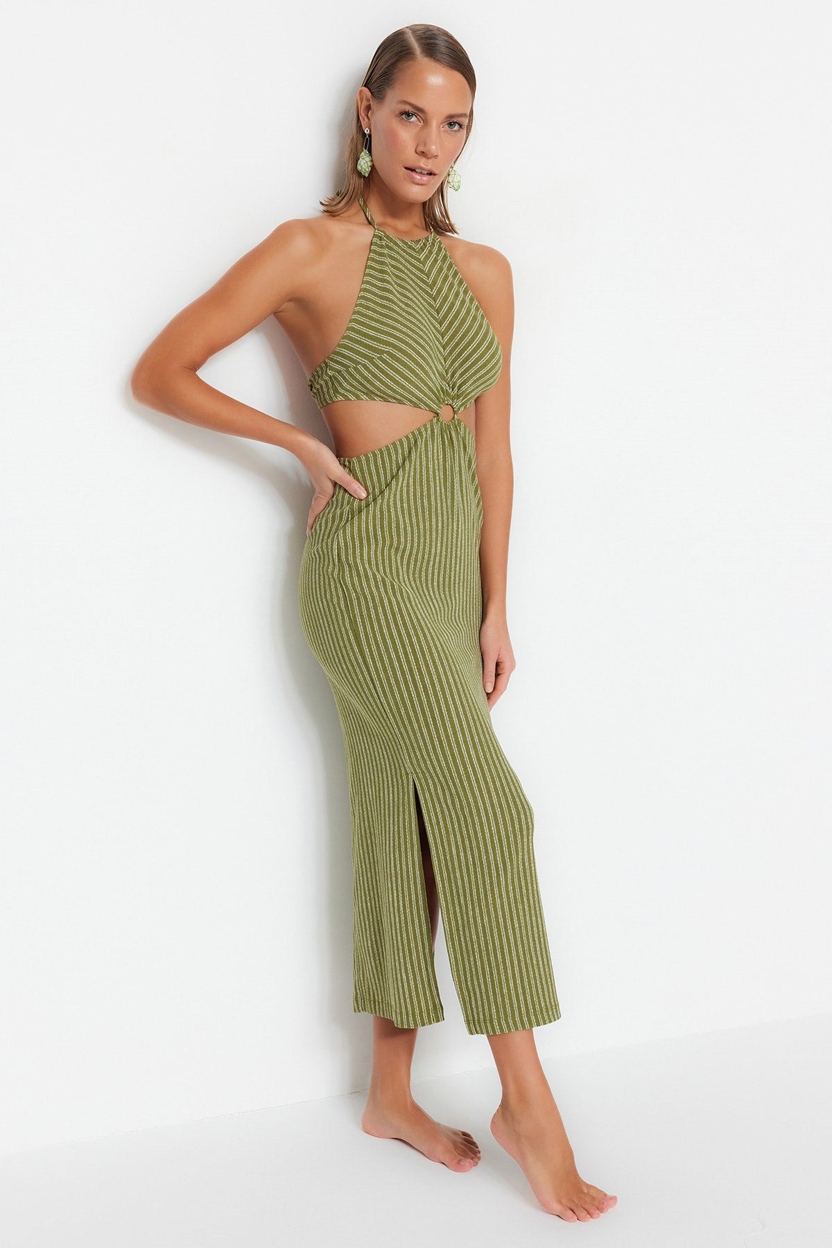 Green Striped Maxi Knitted Accessory Knitwear Look Beach Dress Tbess23el00066