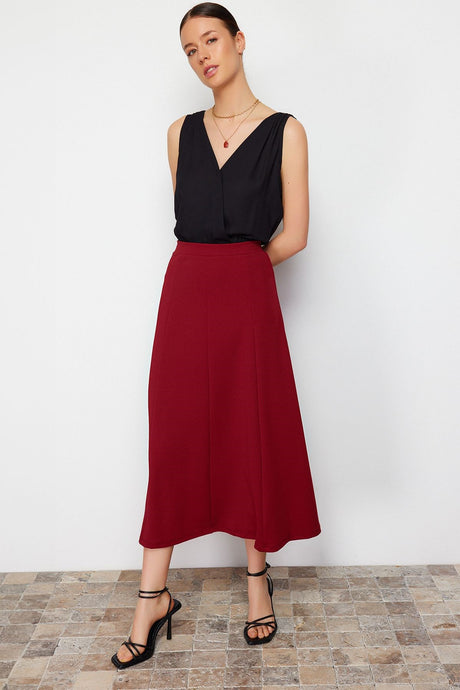 Burgundy Flared Maxi Flexible Knit Skirt Twoss24et00156