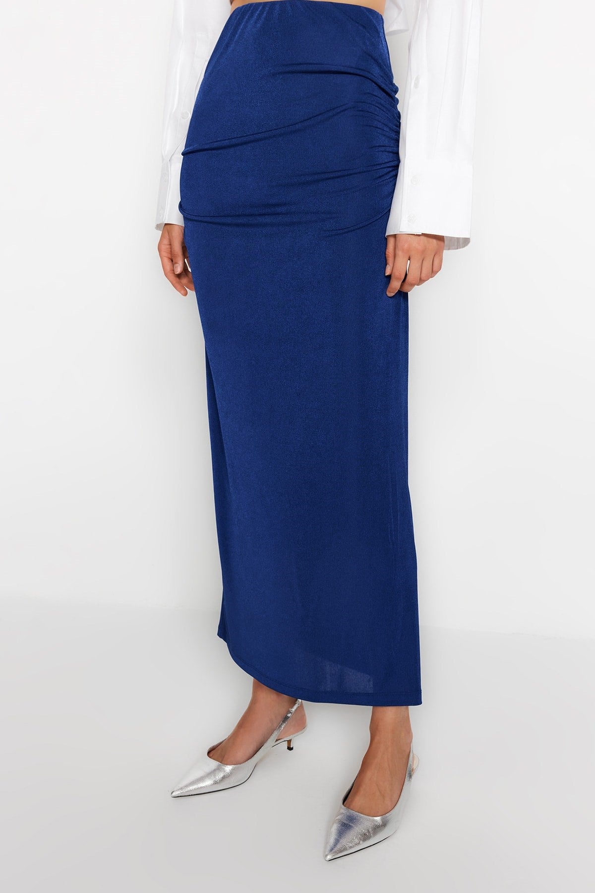 Navy Blue Premium Shiny Finish And Soft Textured Draped Maxi Knit Skirt Twoaw24et00090