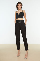 Black Belt Woven Shiny Stone Pants Tpraw20pl0168