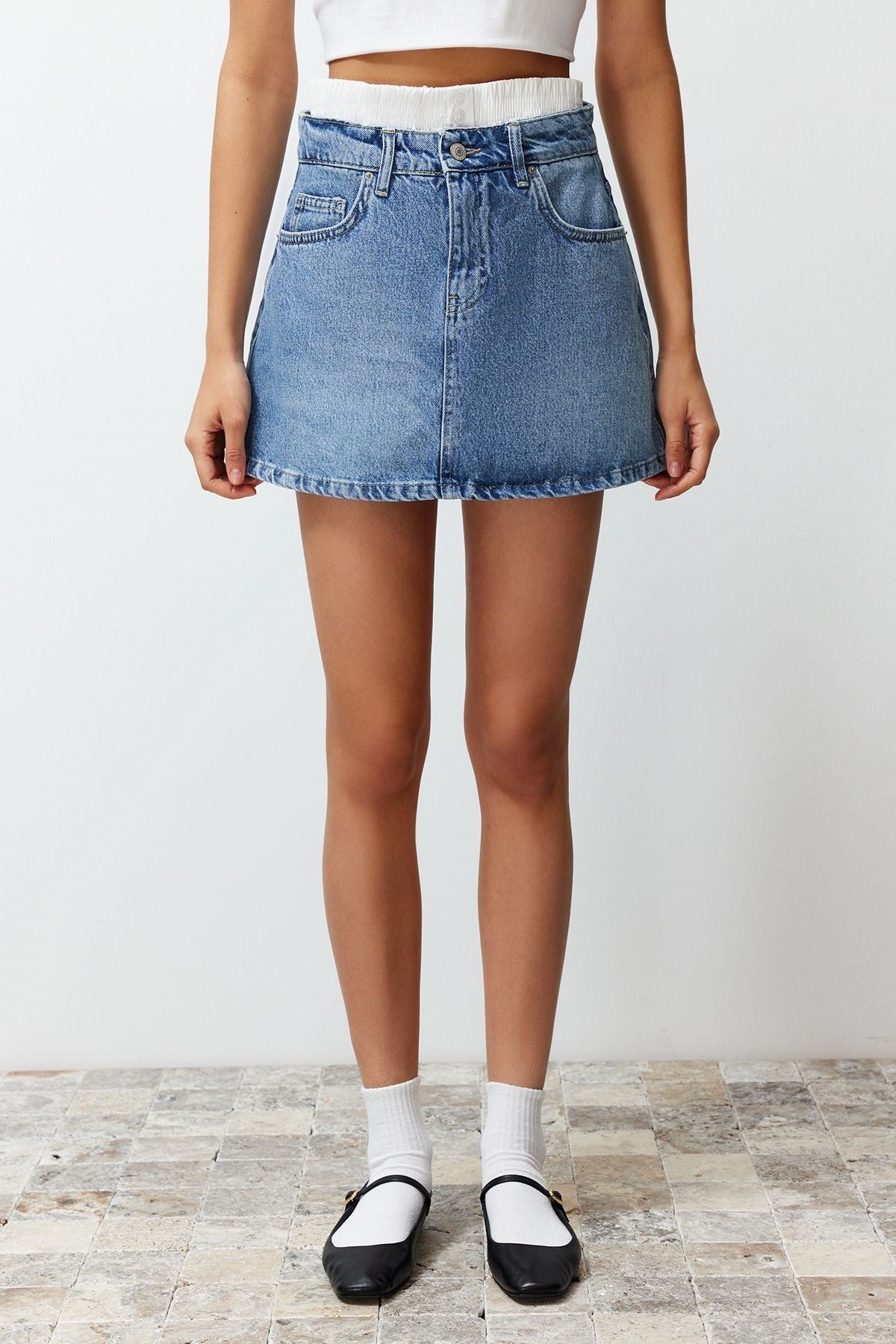 Limited Edition Blue Boxer Detail High Waist Denim Skirt Twoss24et00123