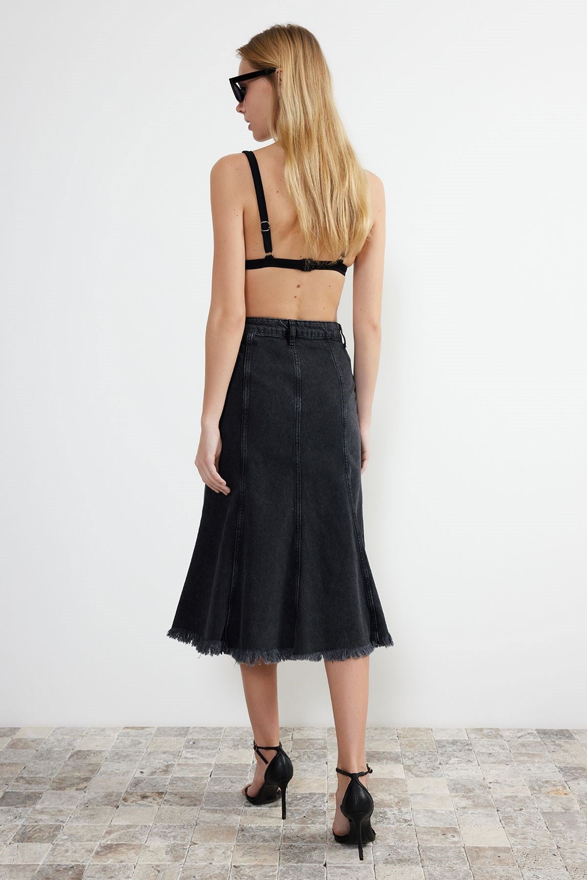 Anthracite Stitching Detailed Asymmetrical High Waist Midi Denim Skirt Twoss24et00081