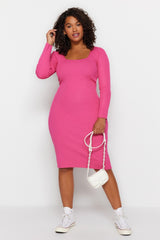 Fuchsia Square Collar Body Fit Knitwear Dress Tbbaw24ah00005