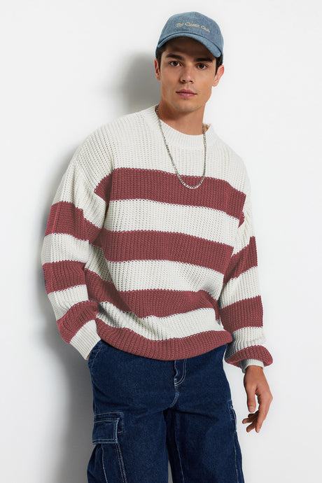 Camel Mens Oversize Fit Wide Pattern Crew Neck Striped Knitwear Sweater Tmnaw23kz00106