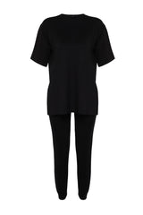 Black Crew Neck Short Sleeve Basic Jogger Knitted Bottom Top Suit Twoss24au00120