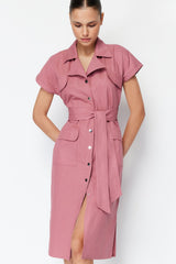 Dusty Rose Belted Wide Pattern Gabardine Midi Shirt Dress Twoss24el00227