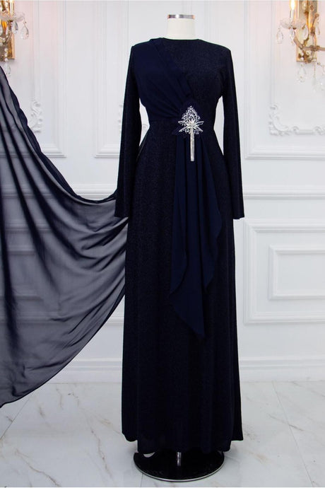 Women's Navy Blue Stone Detailed Evening Dress T 0753 24yabltr0753