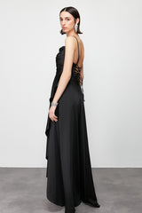 Black Draped Satin Long Night Evening Dress Tprss24ae00109