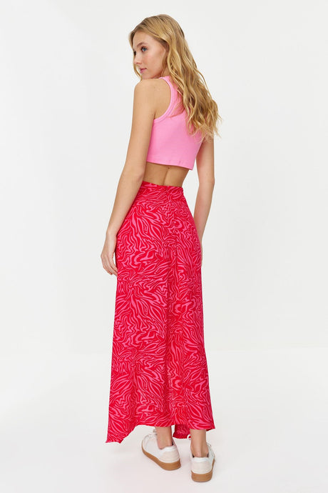 Pink Animal Print Slit Detailed Maxi Length Woven Skirt Twoss24et00003