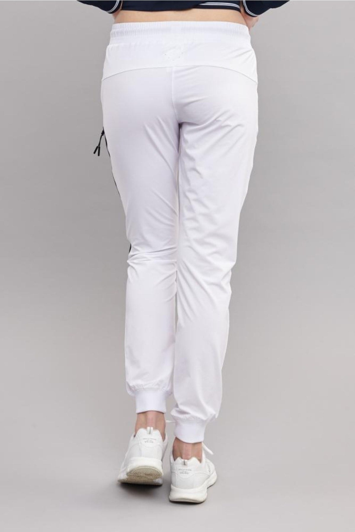 Women's White Woven Lycra Slim Bi-strech Solid Color Pockets Ribana Leg Sports Casual Sweatpants 352