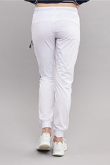 Women's White Woven Lycra Slim Bi-strech Solid Color Pockets Ribana Leg Sports Casual Sweatpants 352