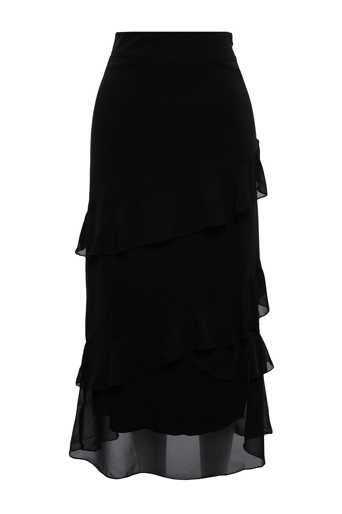 Black Flounce Chiffon Fabric Midi Woven Skirt Twoaw24et00269