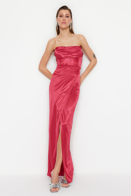 Fuchsia Lined Knitted Satin Long Evening Evening Dress Tprss23ae00006