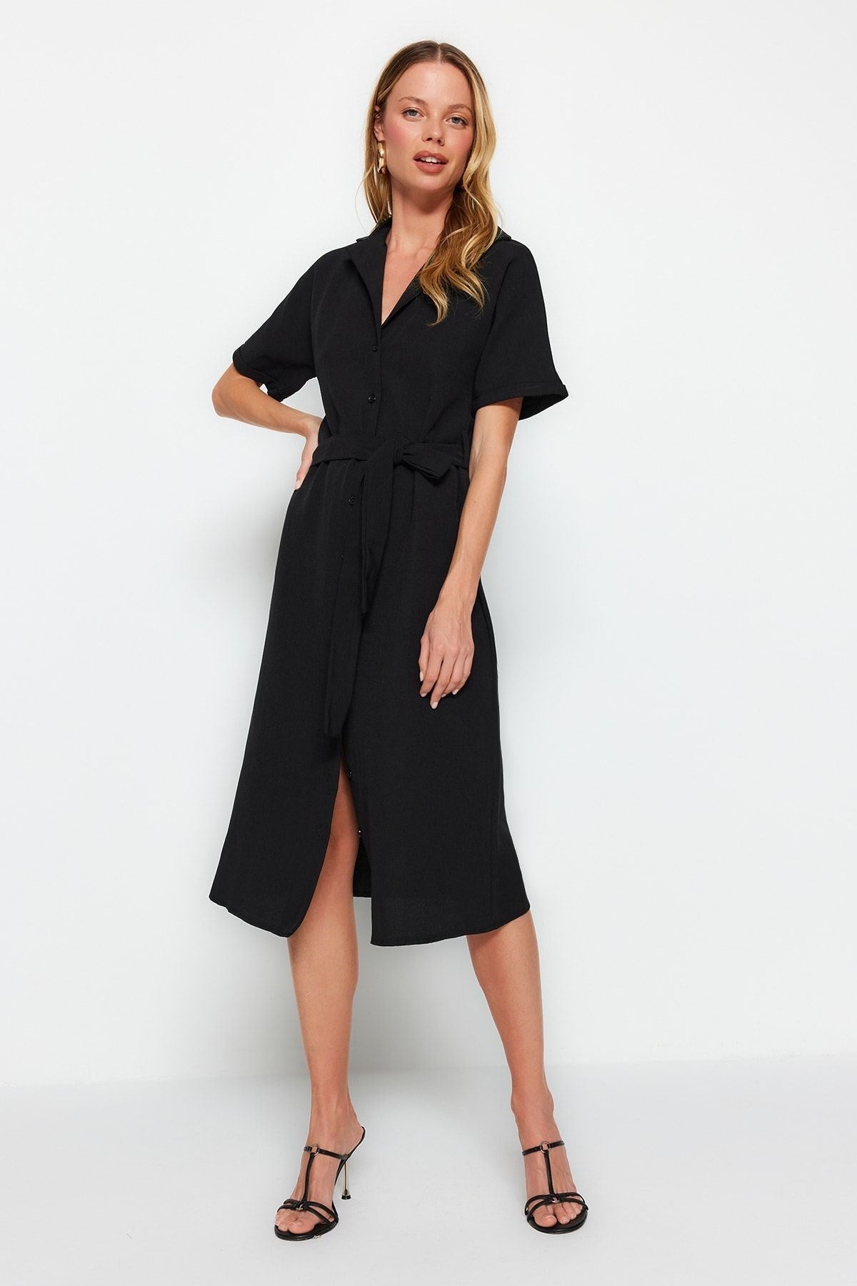 Black Belted Midi Linen Look Woven Shirt Dress Twoss23el02400