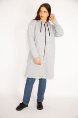 Women's Plus Size Red Inside Charcoal Fleece Fabric Front Zipper Kangaroo Pocket Hooded Coat 65n3465