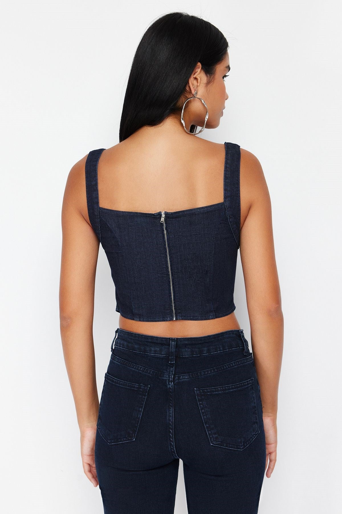 Dark Blue Collar Detailed Strappy Denim Bustier Twoss24bs00010