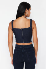 Dark Blue Collar Detailed Strappy Denim Bustier Twoss24bs00010