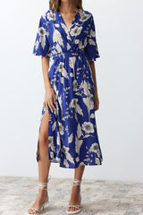 Black Belted Floral Print A Cut Double Neck Midi Woven Dress Twoss24el00915