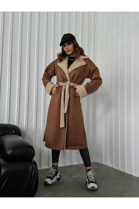 Long Coat With Brown Fur Belt 20099