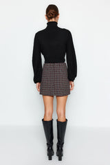 Brown Tweed Fabric Pocket And Button Detail Plaid Pattern Mini Woven Skirt Twoaw24et00220