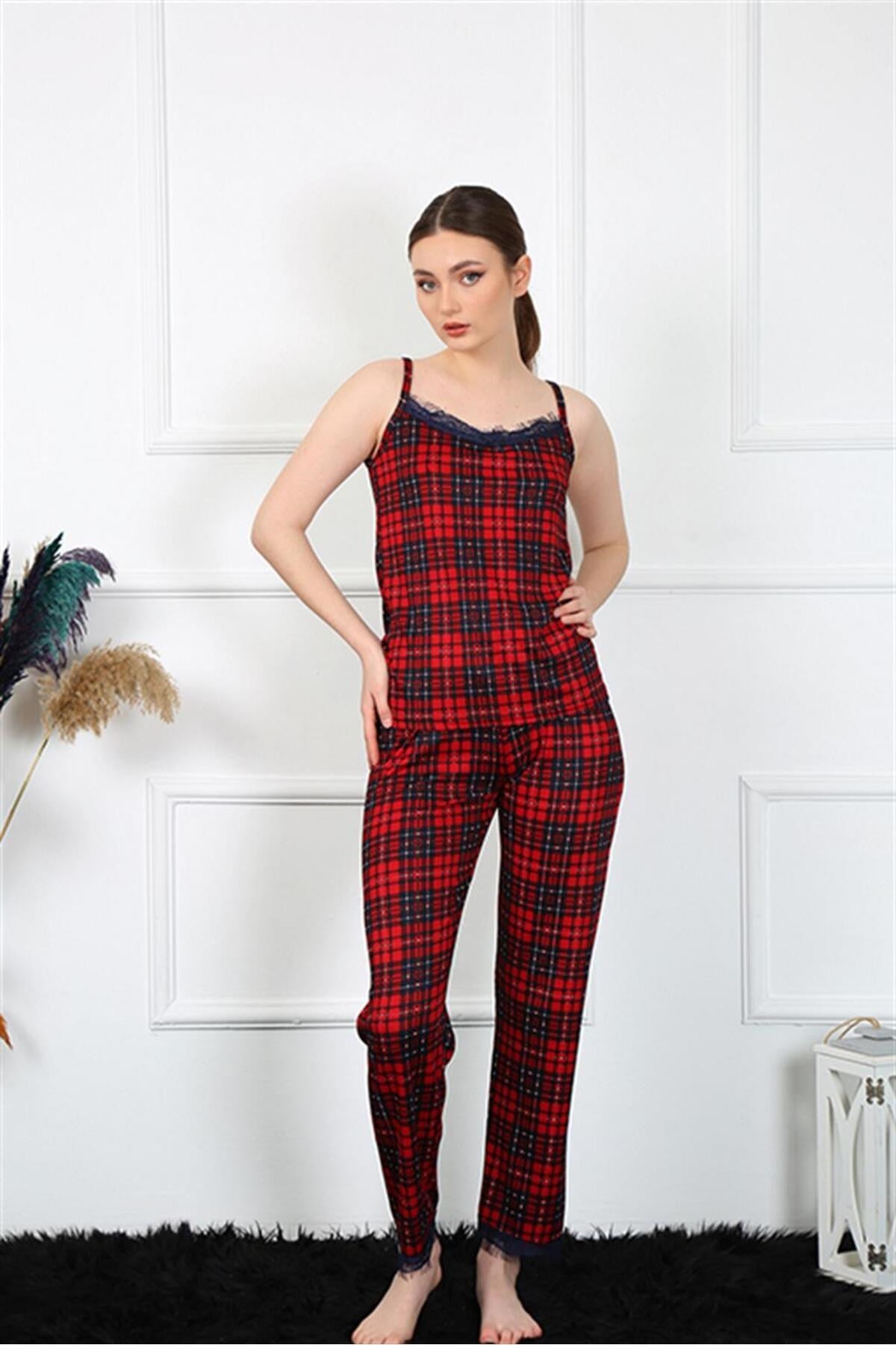 Women's Red Plaid Pajama Suit With Rope Strap 4135