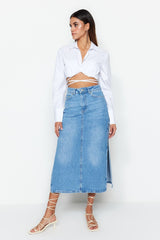 Light Blue Slit High Waist Maxi Denim Skirt Twoss23et00109